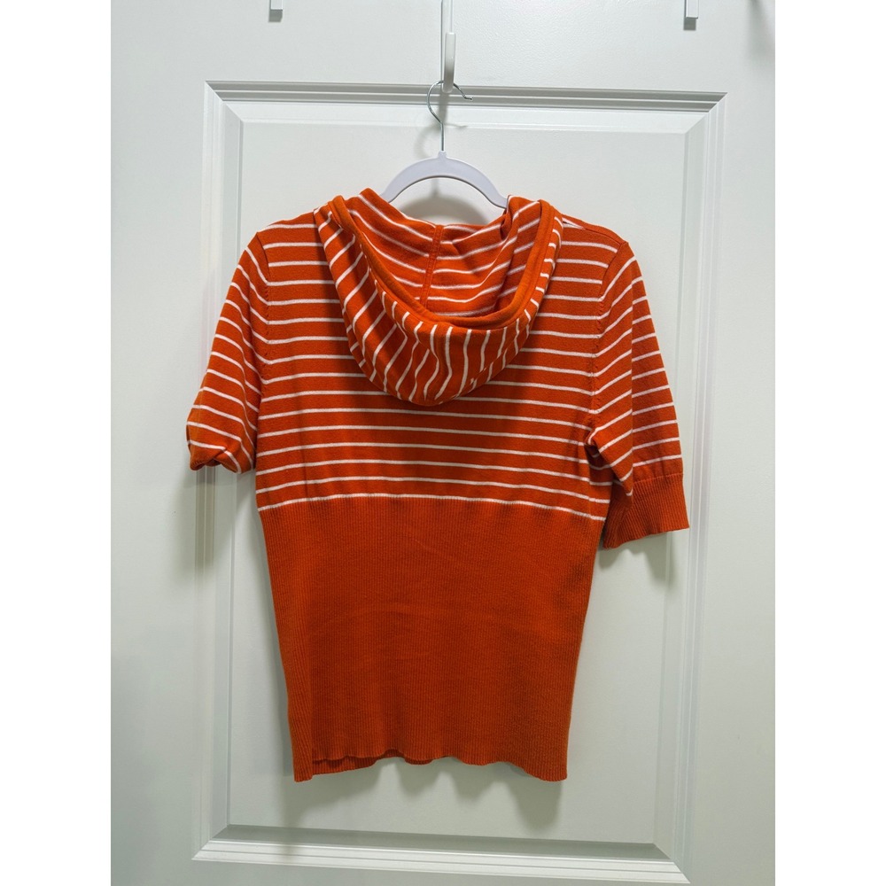 Jones New York Sport Orange White Striped Short Sleeve Sweater Hoodie Large